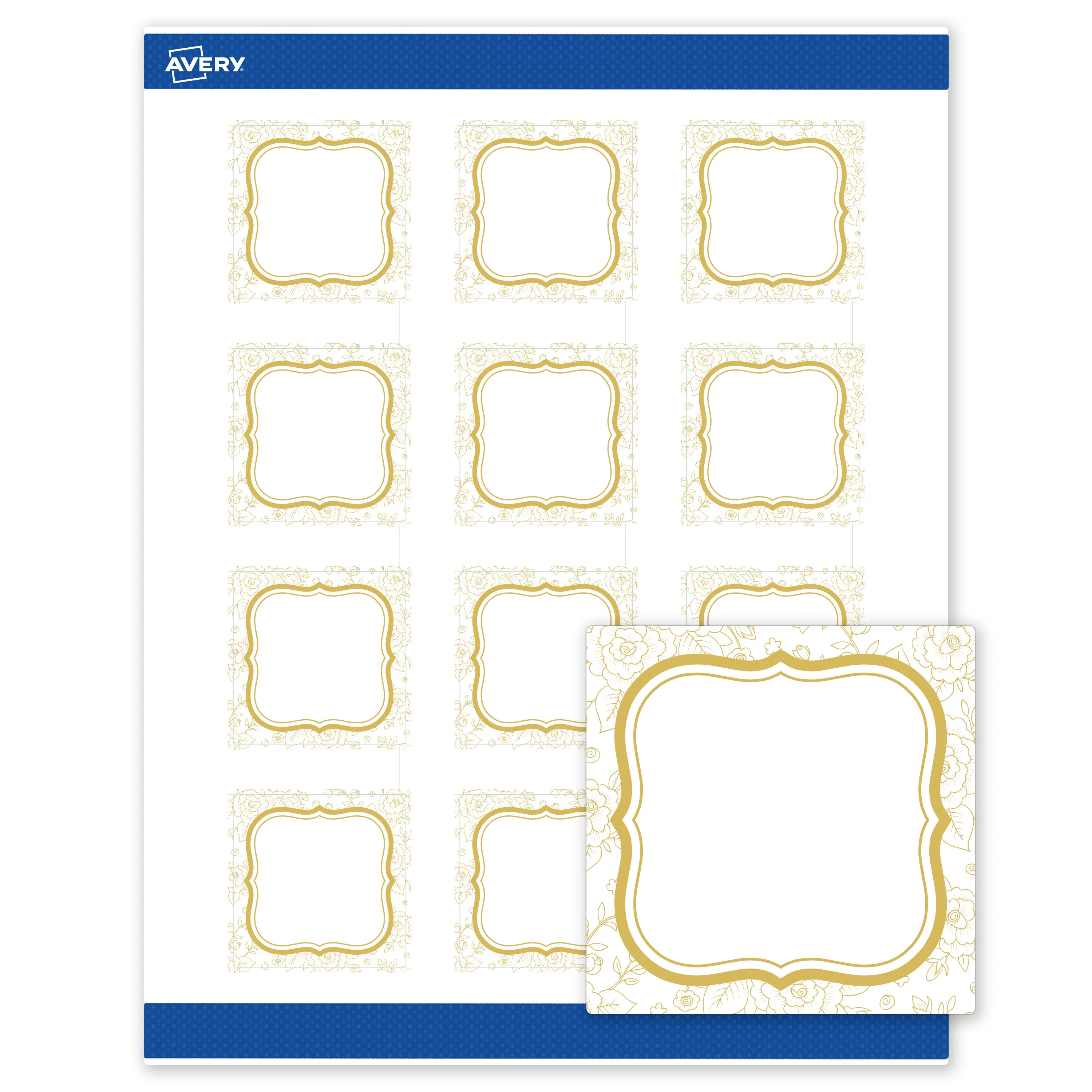 Avery® Printable Square Labels, 2" x 2", Matte White, Sure Feed® Technology, Pre-printed Metallic Gold Flourish Border Design Great for Weddings, Laser & Inkjet Compatible, 240 Total
