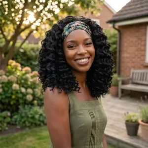 Curly Headband Wig for Black Women 14 Inch Deep Wave Kinky Curly Synthetic Wig, Glueless No Lace Wear & Go, Short Half Wig for Daily Use