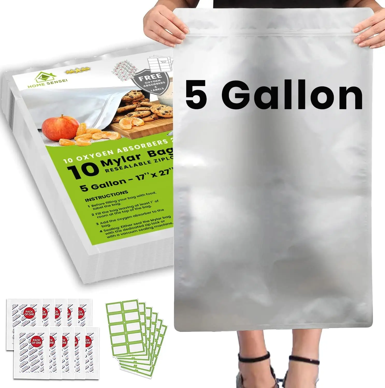 10pcs 5 Gallon Mylar Bags for Food Storage 10 Mil Thick Extra Large Resealable Zipper Bags with 2500cc Oxygen Absorbers