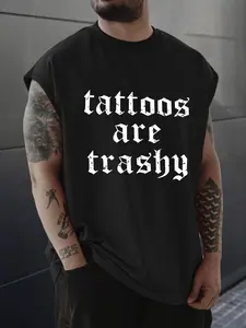 Men's Regular Fit "Tattoos Are Trashy" Print Tank Top, Casual Sleeveless Top for Summer, Menswear for Gym Workout Running, Casual Letters Print