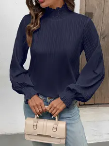 Women's Fashion Solid Color Stand Collar Loose Lantern Sleeve Blouse Top Shirt, Perfect for Spring Summer, Daily Commute, Casual Dates, Light Office Wear, Long Sleeve