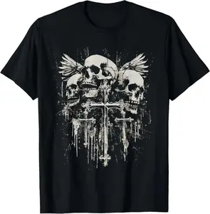 100% Cotton Unisex Skull Cross Graphic T-Shirt, Goth Emo Y2K Alternative Streetwear Short Sleeve Tee