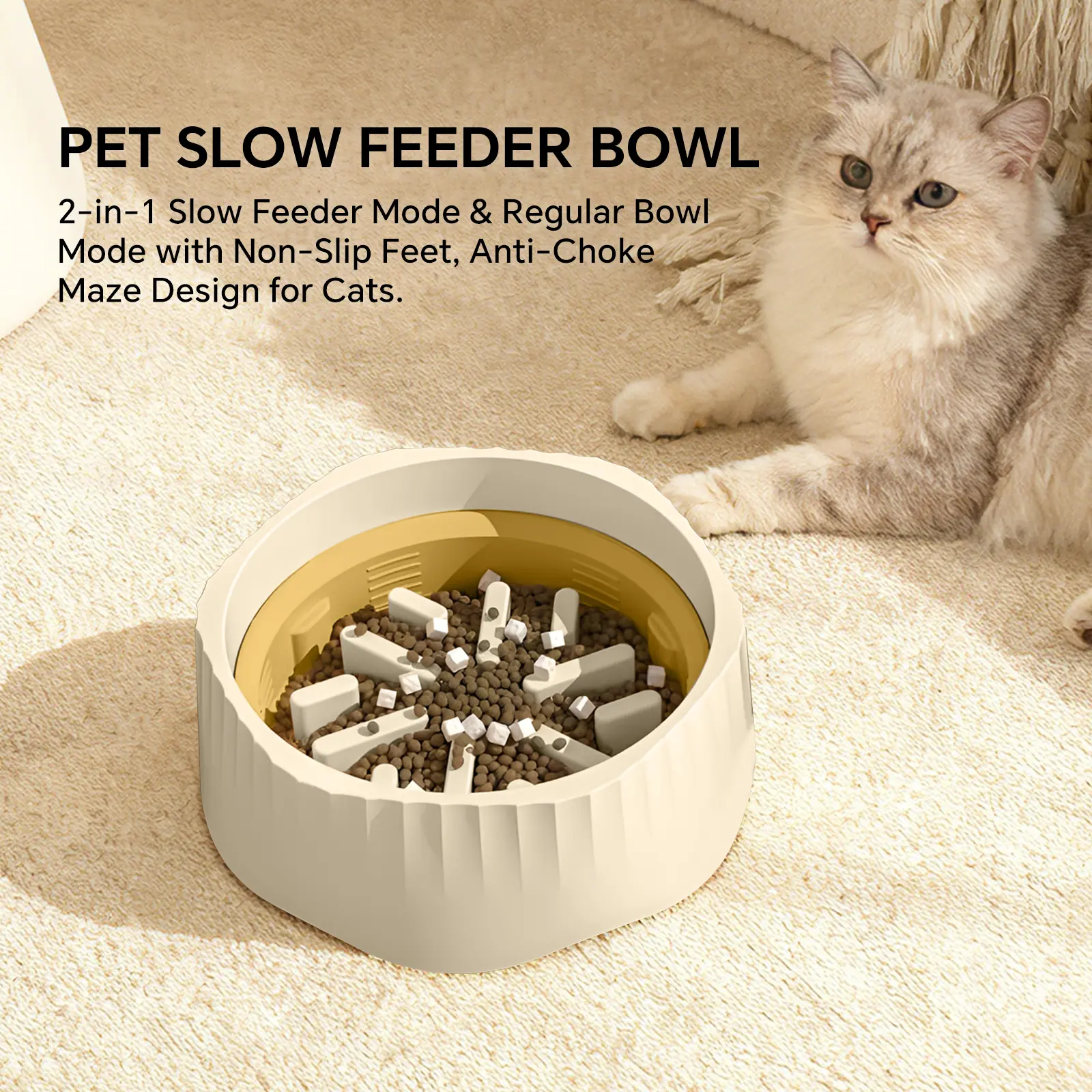 2-in-1 Slow Feeder Cat Bowl, Interactive Maze Design Pet Food Bowl with Anti-Choke Feature, Non-Slip Base Healthy Eating Bowl for Cats, Slow Down Fast Eating, Reduce Gulping, Promote Better Digestion, Detachable Regular Feeding Bowl for Cats & Small Dogs