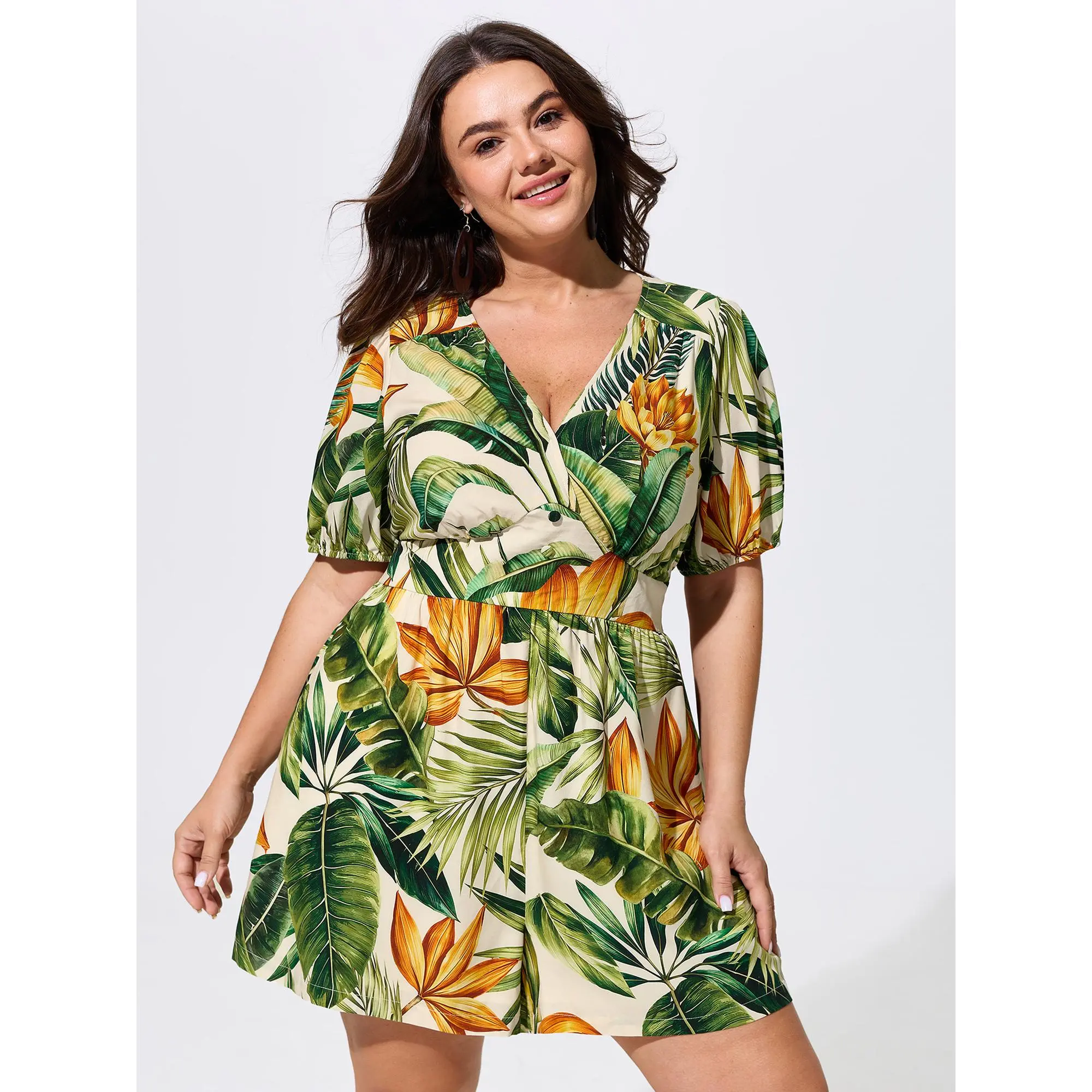 BLOOMCHIC Women's Plus Size Tropical Print Smooth Polyester-Rayon Pocket Romper - Shirred, Wide-Leg, Low Iron, Casual, Cold Wash Fabric, [M-6X] Summer Win, Daily Deal