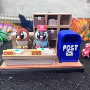 Pigeon Post Office Playset 3D Printed Mail Delivery Desk Scene with Detailed Characters and Blue Post Box
