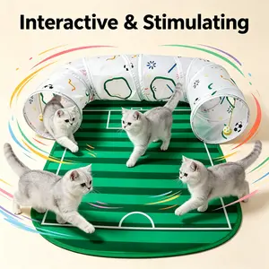 Soccer Field Cat Tunnel Toy – Collapsible 2-Way Play Tube with Mat & Hanging Ball, Interactive Hideout for Cats, Kittens, Rabbits & Small Pets