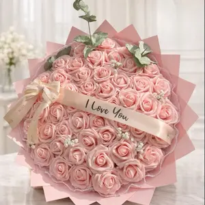 50 ct Pink foam eternal rose boquet with ribbon message and pearl mesh