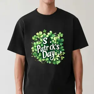 🍀[100% Cotton][Graphic Tee] St. Patrick's Day Valentine's Day Black T-shirt – Shiny Four-Leaf Clover & Heart Design, Casual Round Neck Short Sleeve, Trendy & Breathable All-Season Top, Comfortable & Machine Washable Holiday Style Clothing❤️🍀