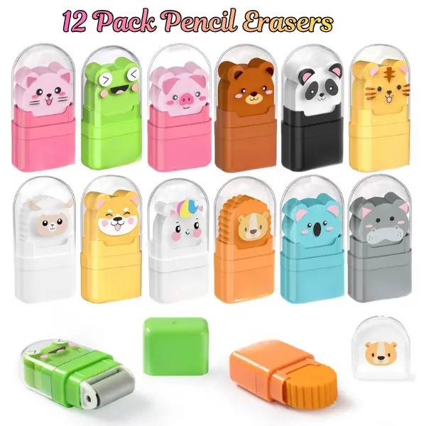 12-Pack Animal Shapes Pencil Erasers with Roller, Latex-Free Office Stationery, Art Drawing Correction Tools, Classroom Teacher Rewards