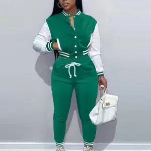 Trendy Two-Piece Outfit - Color Block Button Front Jacket & Drawstring Jogger Pants Set - Stylish Casual Wear for Women, Comfortable & Versatile Clothing for Daily Life Womenswear Suits Gamis Fitted 2 piece sets women Green Long Sleeve Breathable