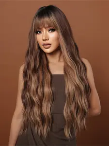 32 Inch Long Wavy Highlight Wigs for Women, Gorgeous Fluffy Wigs with Blunt Bangs, Synthetic Full Machine Wigs for Party, Daily Use, Synthetic Material Wigs
