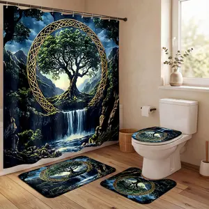 4Pcs Shower Curtain Set Tree of Life and Waterfall Landscape Design, Bathroom Sets with Rugs, Christmas Halloween Thanksgiving, Bathroom Decor, Mystical Forest Mountain Scenery with Cascading Waterfall
