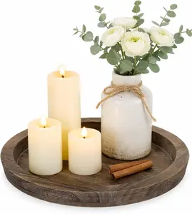 Rustic Round Wooden Candle Plate Holder Tray Farmhouse Decorative Tealight & Pillar Candle Base for Coffee Table Living Room Home Decor Distressed Finish Natural Wood