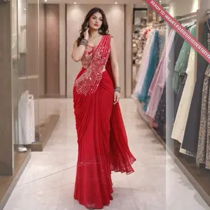 Women's Ready-to-Wear Sequin Embroidery Saree with Blouse, Party-Wear Womenswear Elegant