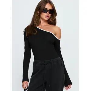 Andrielle One Shoulder Long Sleeve Bodysuit Black / White