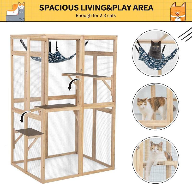 COZIWOW Outdoor Wooden Cat House Enclosure with Window, 3 Spacious Platforms, Weatherproof Wood, 39.4 x 33.3 x 63.8 Inches