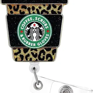Cute Badge Reel. Coffee, Scrubs, Rubber Gloves. Retractable