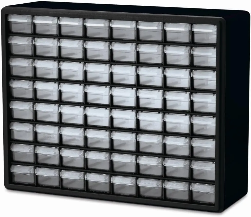 Akro-Mils 64-Drawer Plastic Storage Cabinet, 20"W x 6"D x 16"H, Black - Commercial Office Furniture for Garage Organization, Building Bricks Storage, Model 10764