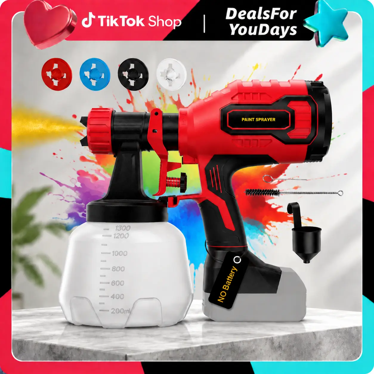 【NO BATTERY】Cordless Paint Sprayer, 18V HVLP Spray Gun with Brushless Motor, 1200ml Large Capacity Container, 3 Spray Modes, 4 Brass Nozzles & Cleaning Accessories, Compatible with Milwaukee 18V Battery (Battery Not Included), Father's Day Gifts, Vertical