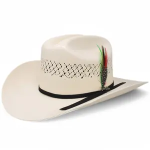 Tombstone Classic Cowboy Hat 100X Sinaloa Style with Randa & Feather Handcrafted from Shatung Palm Straw High-Quality Embroidered Hat