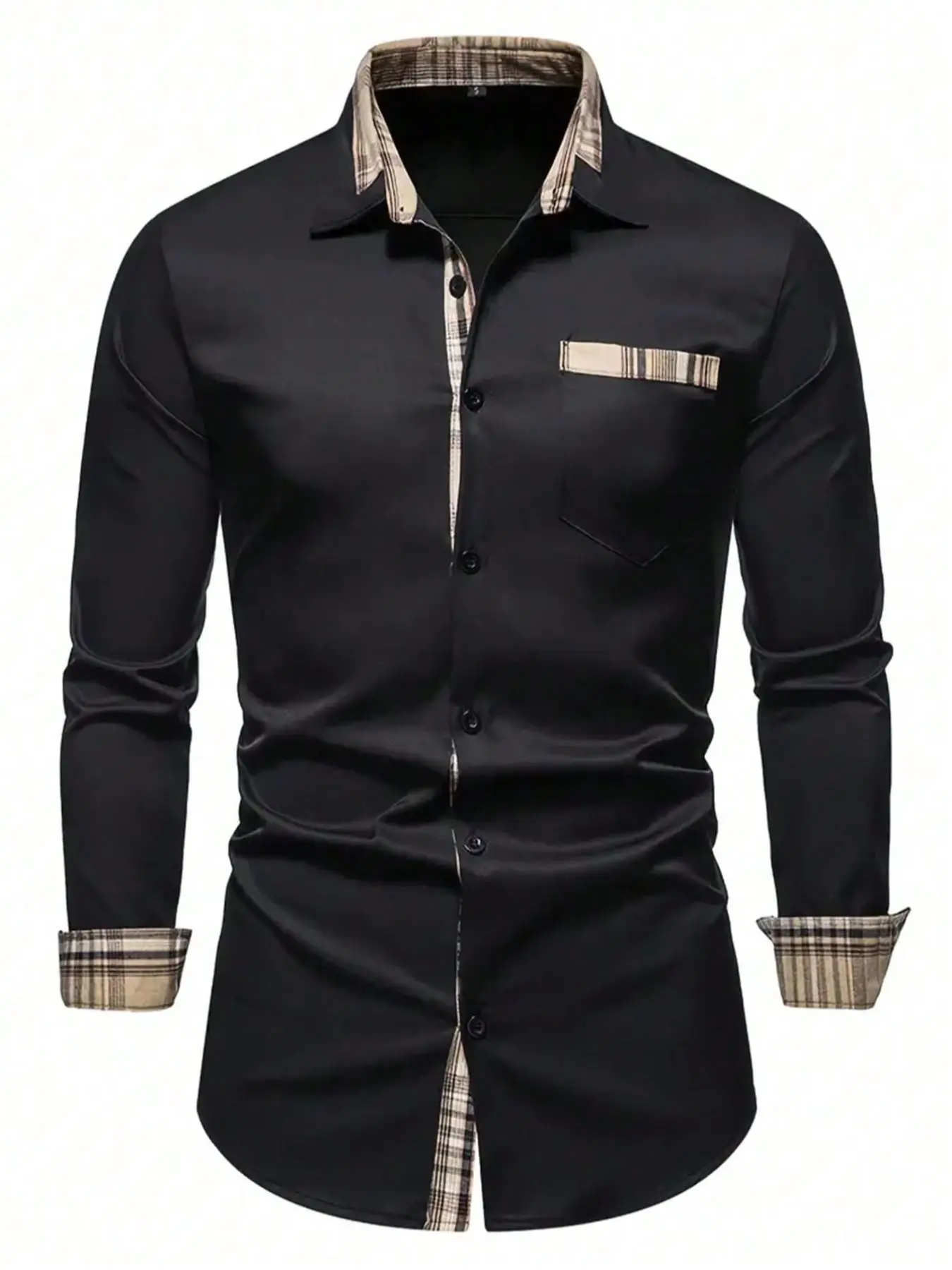 Men's Slim Patchwork Print Button Front Pocket Shirt, Casual Long Sleeve Collared Top for Fall & Winter, Men's Clothes, Cozy Fall Outfits, Versatile M