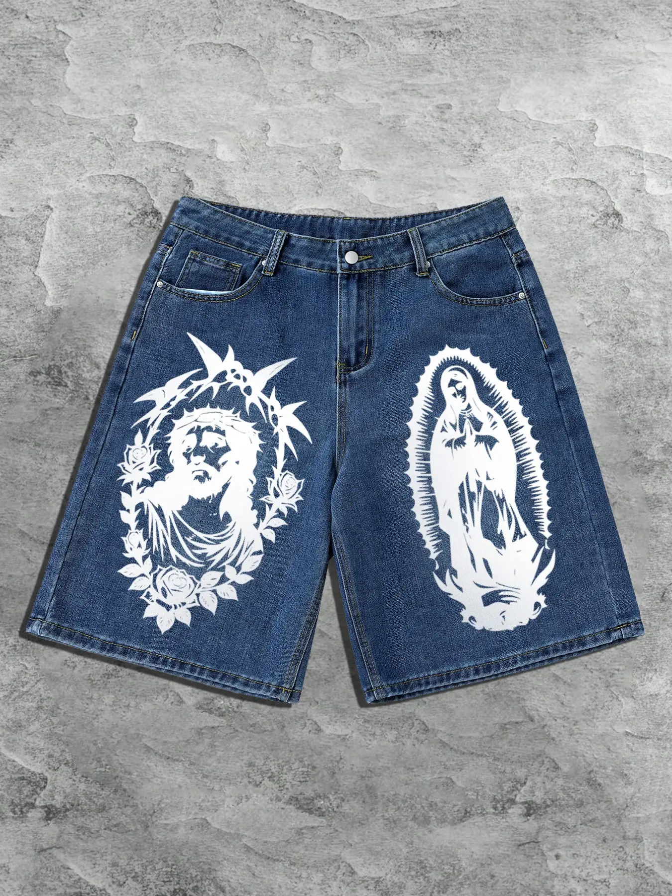 Summer Men's Classic Casual Jesus Virgin Mary Print Menswear Jeans Shorts, Loose-Fit Denim Shorts for Daily Wear, Fashionable Street Style, Streetwear
