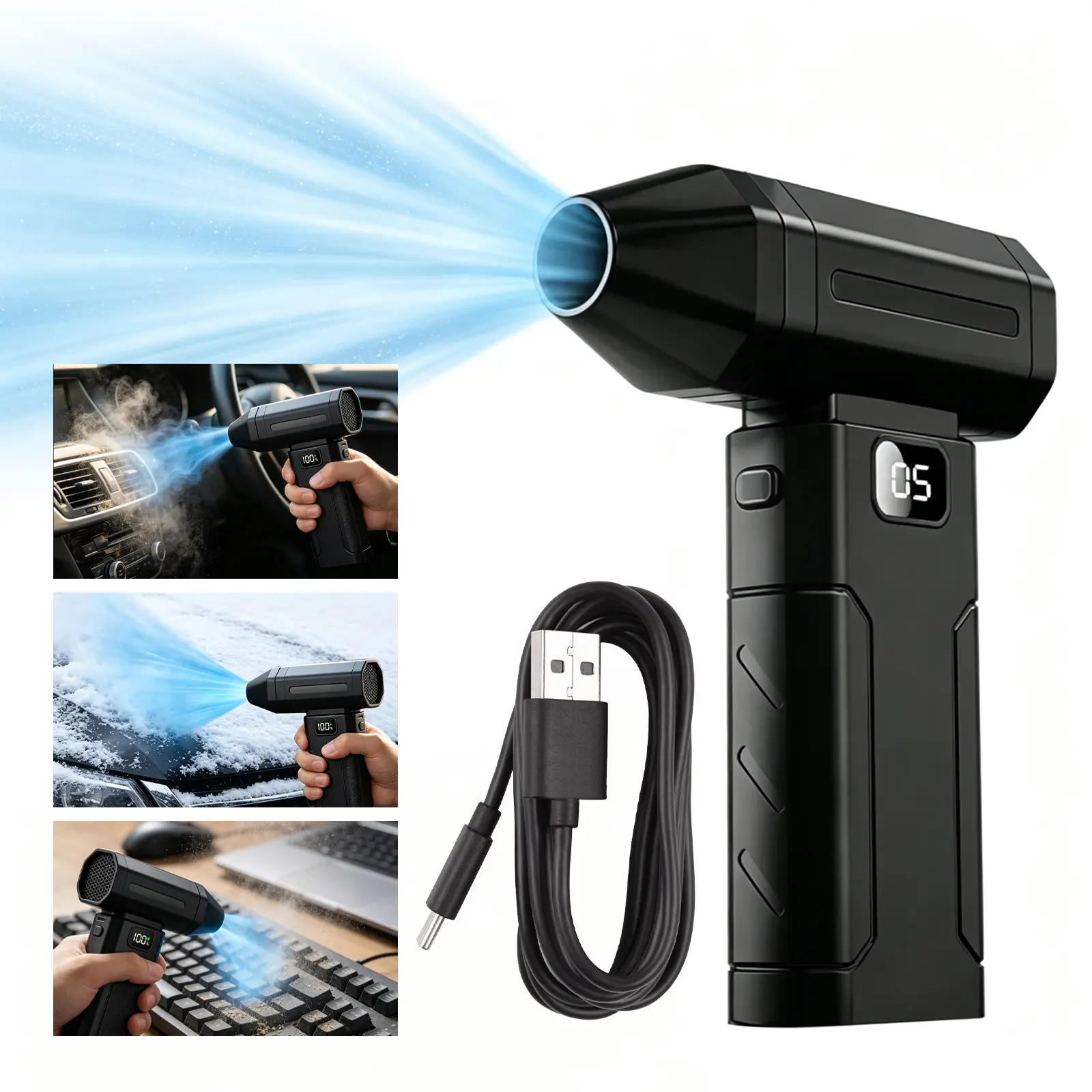Electric Air Duster, Cordless Compressed Air Duster with 5-Speed Turbo Blower, Rechargeable Handheld Dust Cleaner with LED Light, Mini Air Blower for Computer, Keyboard, Gaming PC, Car Detailing, Home & Office