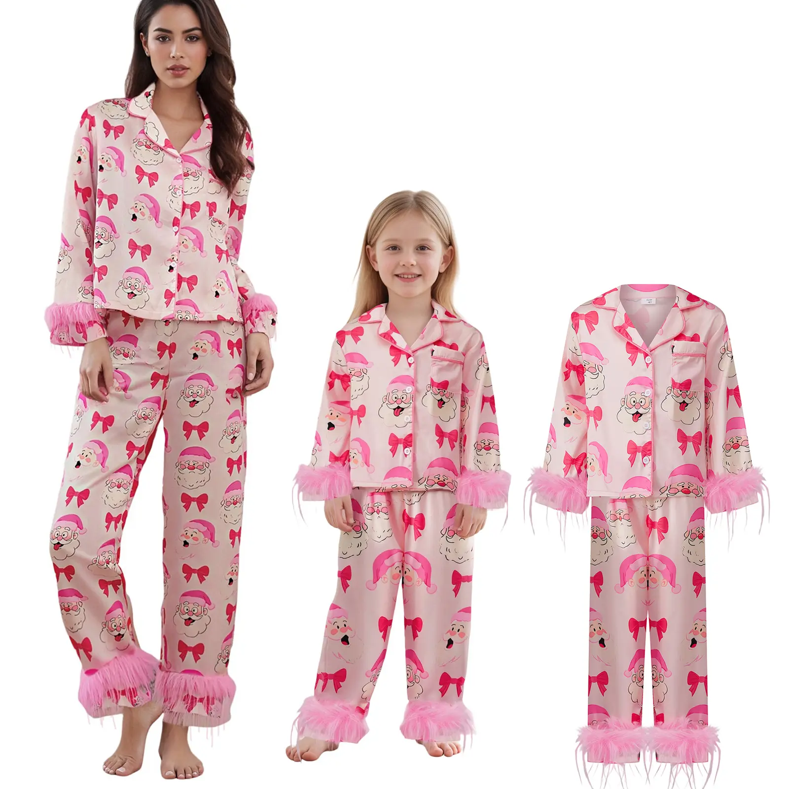 Christmas Mommy and Me Pajamas Set Feather Trim Long Sleeve Matching Xmas Pj Mother Daughter Loungewear Nightwear