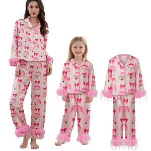 Christmas Mommy and Me Pajamas Set Feather Trim Long Sleeve Matching Xmas Pj Mother Daughter Loungewear Nightwear