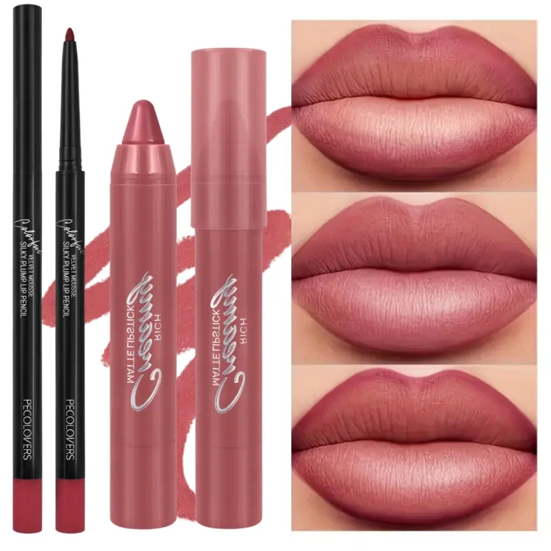 2PCS/Set Lip Liners And Lipstick Pencils, Lip Liner Kit, in Pink And Brown, Featuring a Long-Lasting Matte End, Waterproof Properties, And Easy Application, Perfect for Achieving a Daily Makeup Look