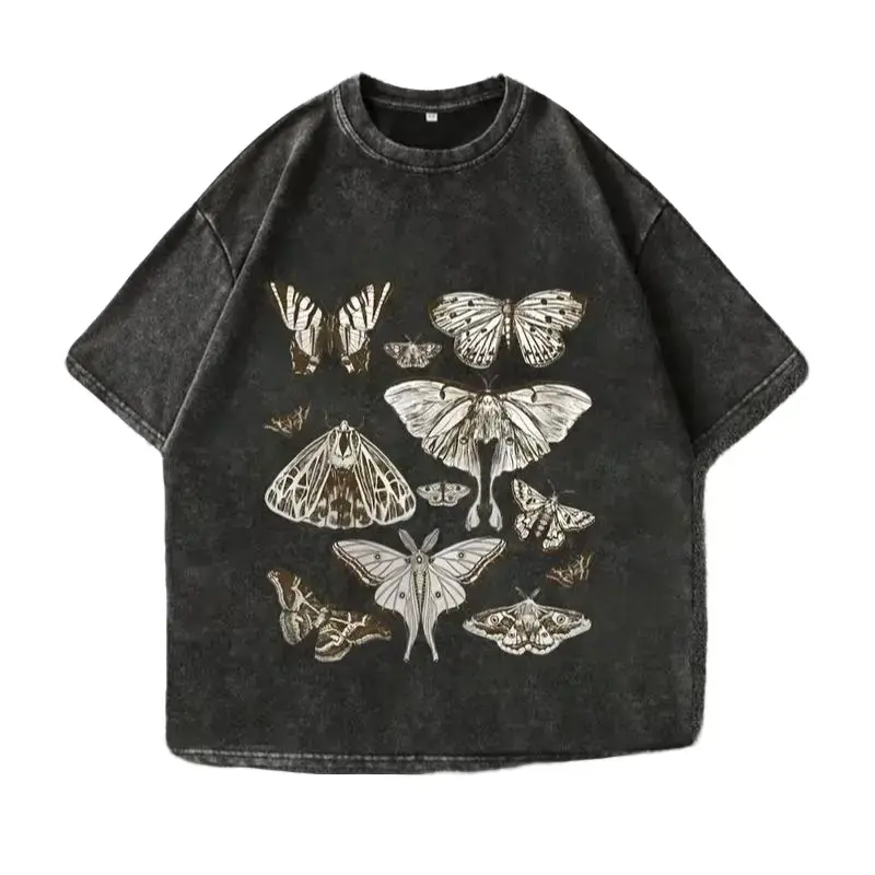 Vintage Washed Black Moth & Butterfly Cotton T-Shirt | Dark Academia Aesthetic Tee, Luna Moth Print Shirt, Goblincore Insect Graphic
