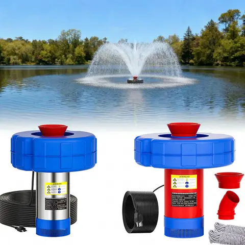 1HP 110V 750W 15000 GPH Floating Aerate + Fountain Pond Pump, 100 ft Power Cord, 2x100 ft Ropes, PVC Float, Steel-Plastic Build, Fully Automatic for Larger Ponds, 18" Shallow Use, Linear/V-Shape Water Circulation Pump