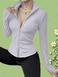 Early Autumn Lightweight Stand Collar Zipper Cardigan, Office Commute Slim Fit Stretch Ruched Long Sleeve Top, Professional Style