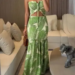 Tropical Bandeau Dress - Ruched Cinched Waist Ruffle Hem Vacation Casual Womenswear