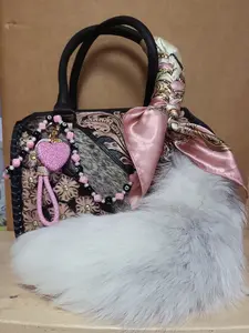 Wild Desire Speedy Bag - Medium Size 11 x 6 inches Genuine Leather & Cowhide Hand-tooled Floral Design with Crystal Detailing