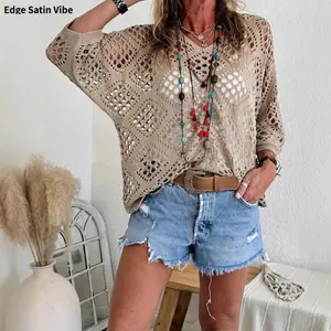 Spring/Summer V-neck diamond-patterned hollow bat-sleeve women's knitted sweater cardigan