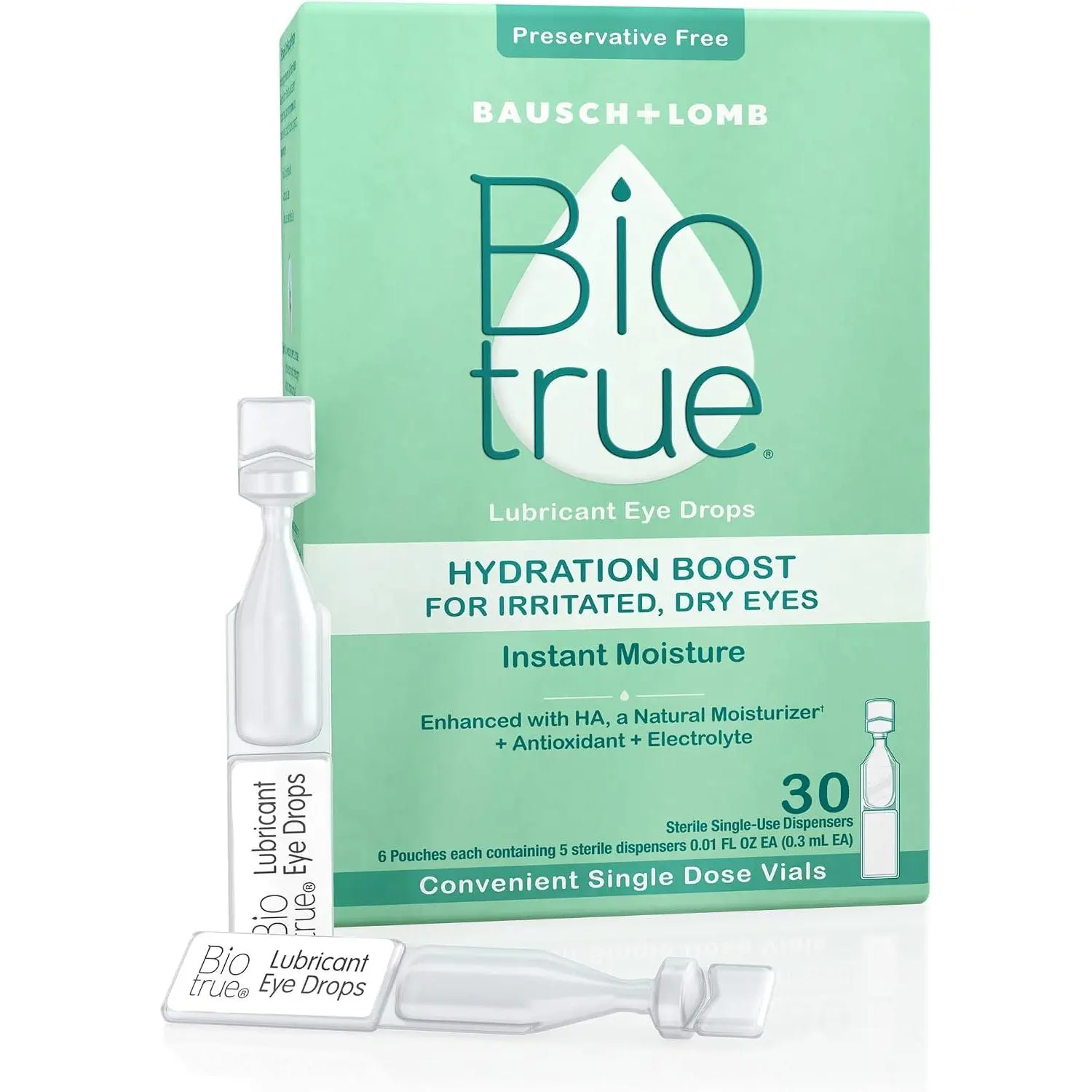 Biotrue Hydration Boost, Preservative-Free Eye Drops for Dry Eyes, Instantly Moisturizes, Rehydrates, Contact Lens Friendly, Refresh & Relieve Eye Irritation, 30 Single-Use Vials (Pack of 1 )