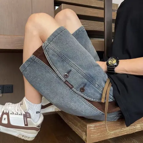 Men's Vintage Cotton Blend Denim Jean Shorts - Summer American Loose Mid-Thigh Menswear Casual Bottom, Button-Front Distressed Straight-Leg, Bad-Boy Cool Fit, Father's Day Gift Pair with Tee