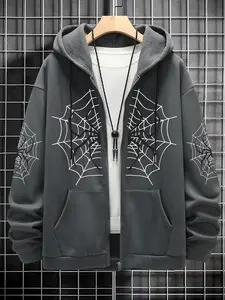 Spider Web Graphic Zip Hoodie, Gothic Street Style, Dark Aesthetic, Fitted Casual Sweatshirt, Fall & Winter Fashion, Hooded Sweatshirts