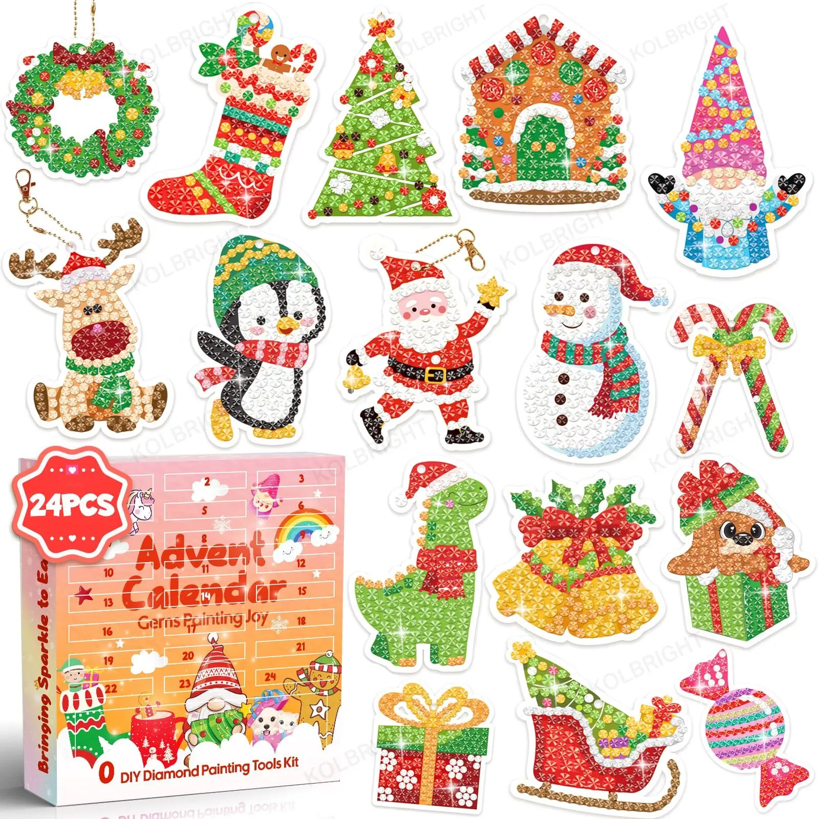 Diamond Painting Advent Calendar 2024 Girls Adult Women 24pcs Diamond Art Keychains by Numbers DIY Gem Arts and Crafts for Girls Ages 4-8 8-12