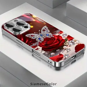 Jewelry Butterfly Rose 2D Pattern glass phone case for iPhone Air 17 16 Pro Max 15 14 PLUS 13 12 11 Samsung Galaxy S25 s24 s23 s22 Ultra FE ,Full Body Protections Shockproof Cover Creativity Fashion 11-16 furry luxury design Black 2025 creative unique