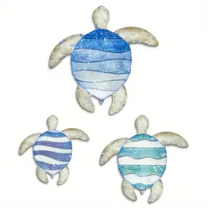 3-Piece Turtle-Shaped Wooden Wall Stickers, Striped Design, Ideal for Home Farmhouse Beach Villa Bar Decor, Perfect Gift