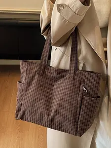 New Fashion Retro Plaid Print Tote Bag, Casual Simple Versatile Student Commuter Shoulder Handbag, Large Capacity Gym Yoga Bag, Checkered Pattern Bag