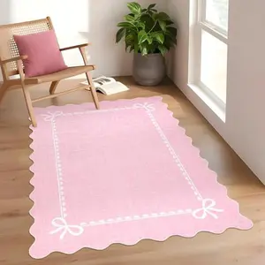 GAOMON 4x6 Scalloped Bow Rug for Living Room,Solid Pink Rug for Dorm,Washable Runner Rugs Soft Low Pile Non Slip Scalloped Rugs for Nursery Bedroom Decor Hallway Entryway Playroom