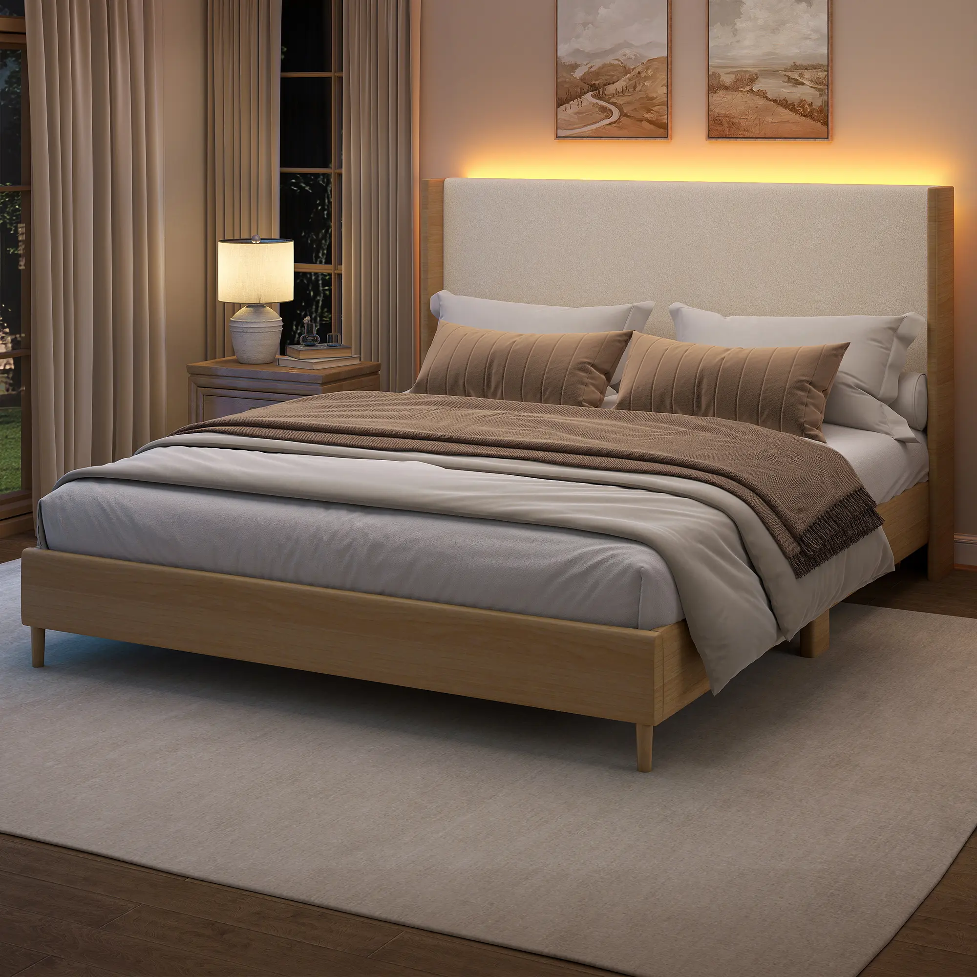 [SummerSale] SIBEDS Queen LED Bed Frame with Wingback Headboard, Smart RGB Upholstered Platform Bed in Wood Grain Faux Leather, 1200lbs Heavy Duty Support, No Box Spring Needed, Brown Bedroom Furniture tiktokshopbacktoschool