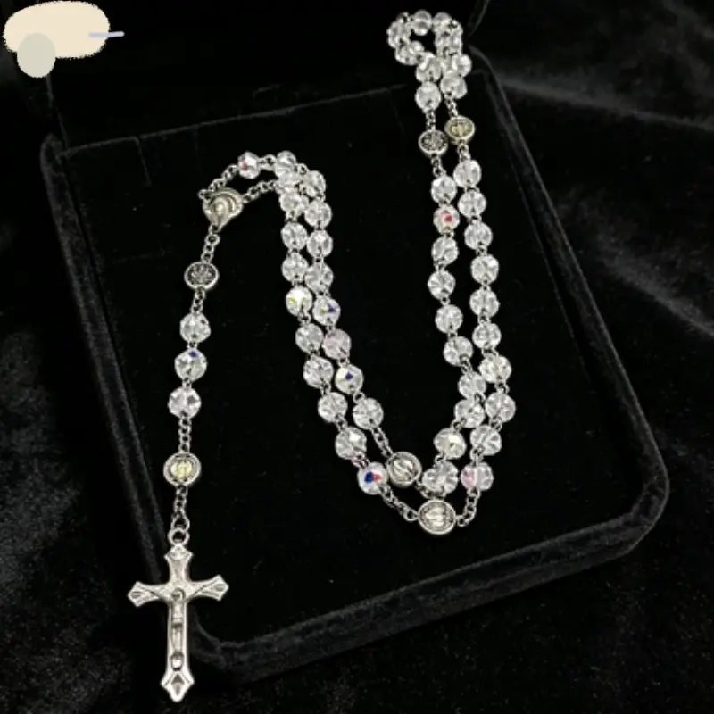 Cross Pendant Necklace, Crystal Beaded Religious Jewelry, Long Chain Accessory for Women, Ideal Present for Baptism And Daily Religious Occasions