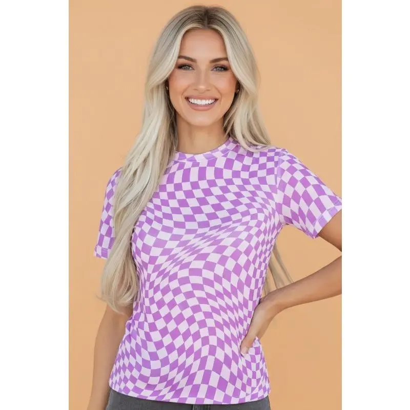 CHECKER MESH MOCK NECK SHORT SLEEVE T-SHIRT