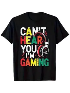 Men's Polyester Breathable Short Sleeve Game T-Shirt, 'can't Hear You I'm Gaming' Slogan, Earphone Pattern Print, Casual Street Style