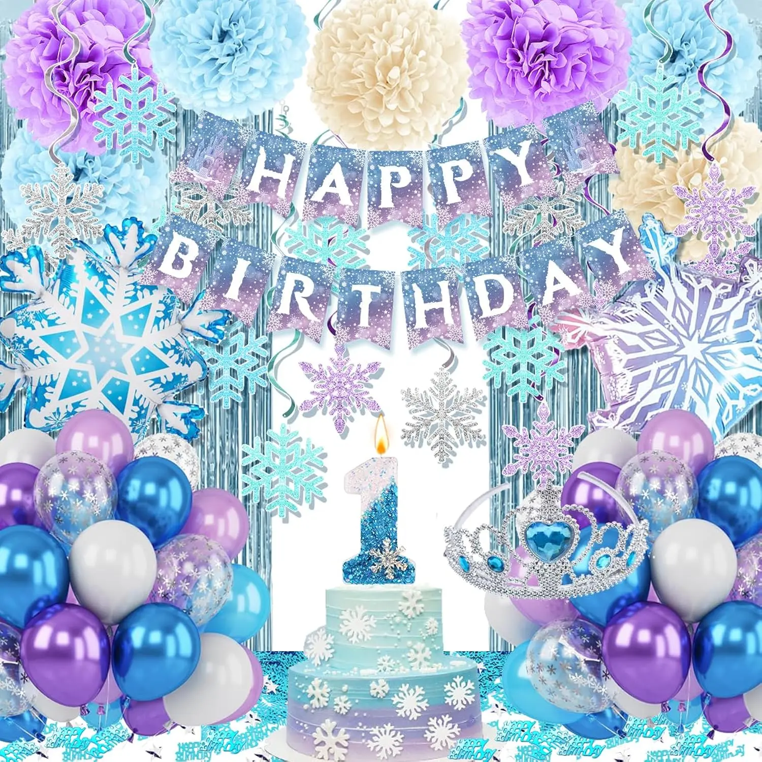 Winter Snow 1st Birthday Decorations Snowflake Balloons, Crown, Banner, Pompoms for Girls