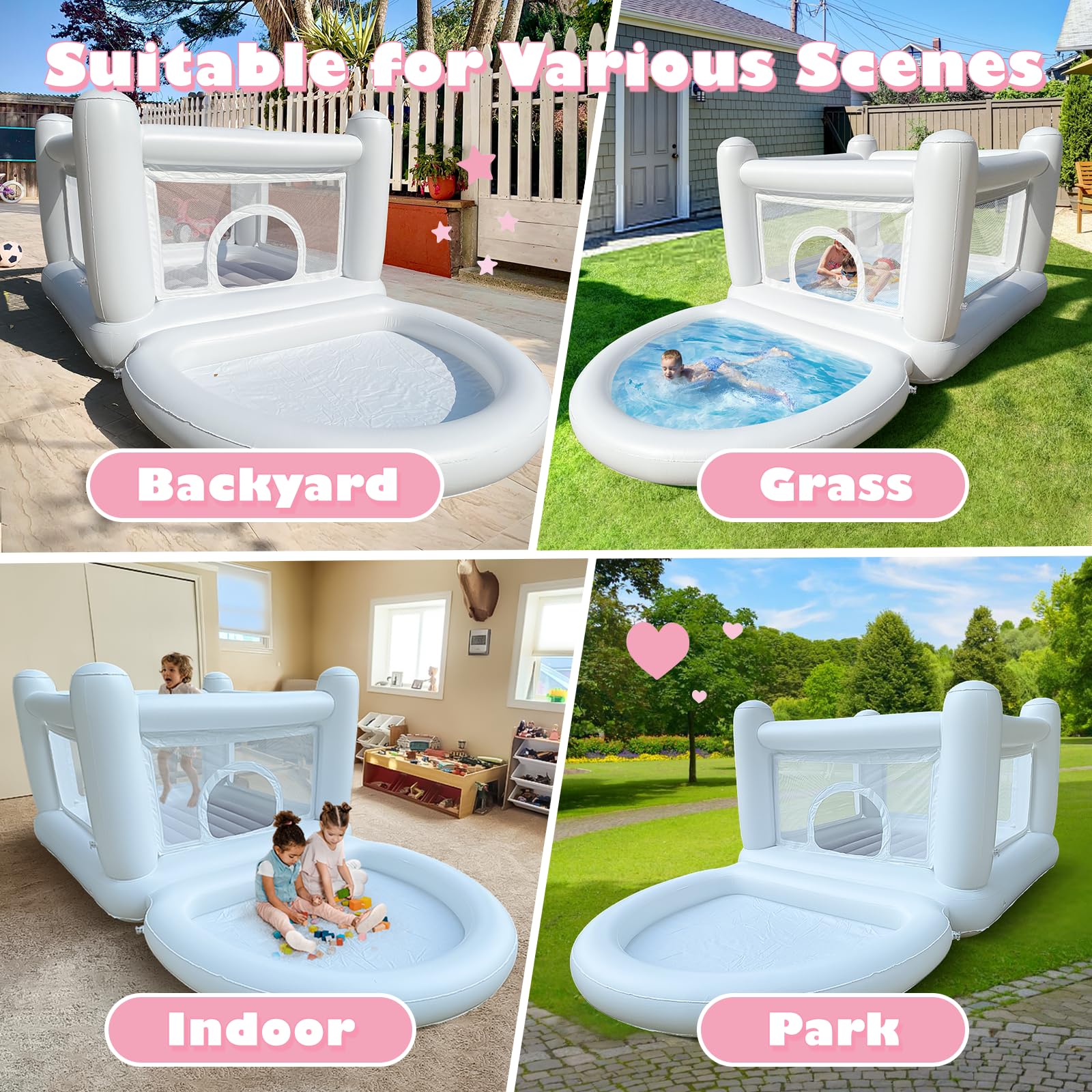 White Bounce House for Kids Indoor Bouncy Castle with Pump Toddler Bounce House PVC Waterproof Materials Easy to Clean Outdoor Toddler Toys White Bounce House With Ball Pit Indoor Playhouse Bouncy Castle  Outdoor Playhouse Inflatable Yard Decorations